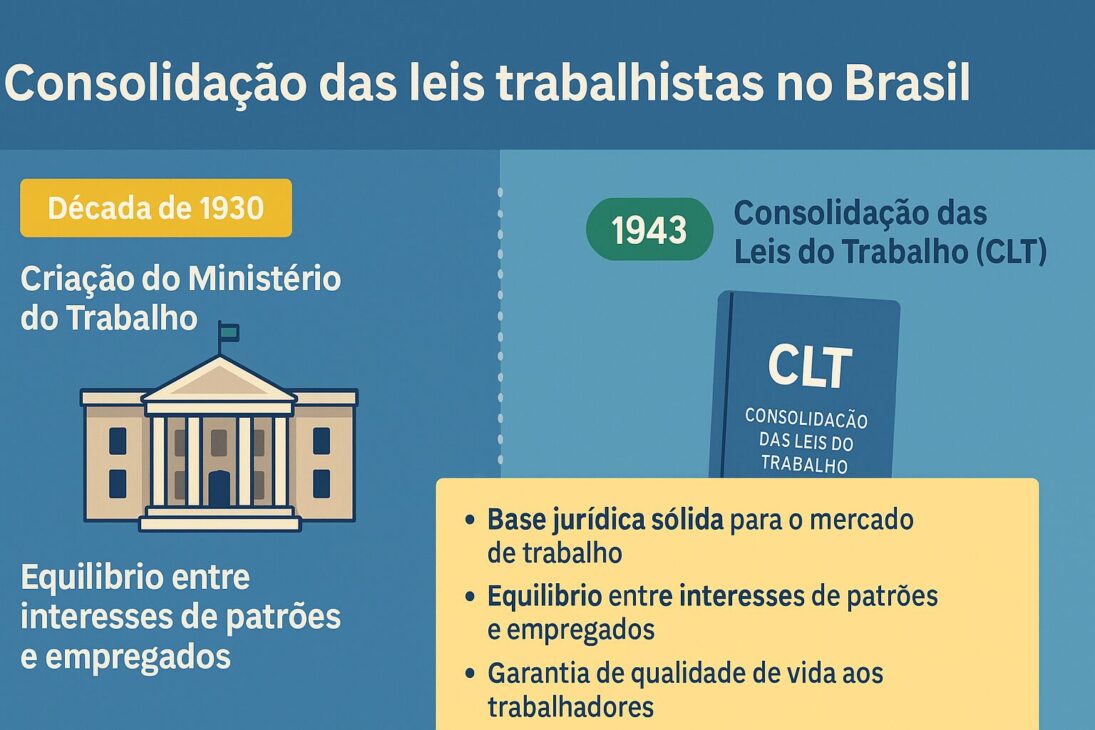 Infográfico ilustrado sobre a Consolidação das Leis do Trabalho (CLT) no Brasil, destacando a criação do Ministério do Trabalho e a formalização dos direitos trabalhistas a partir de 1943.