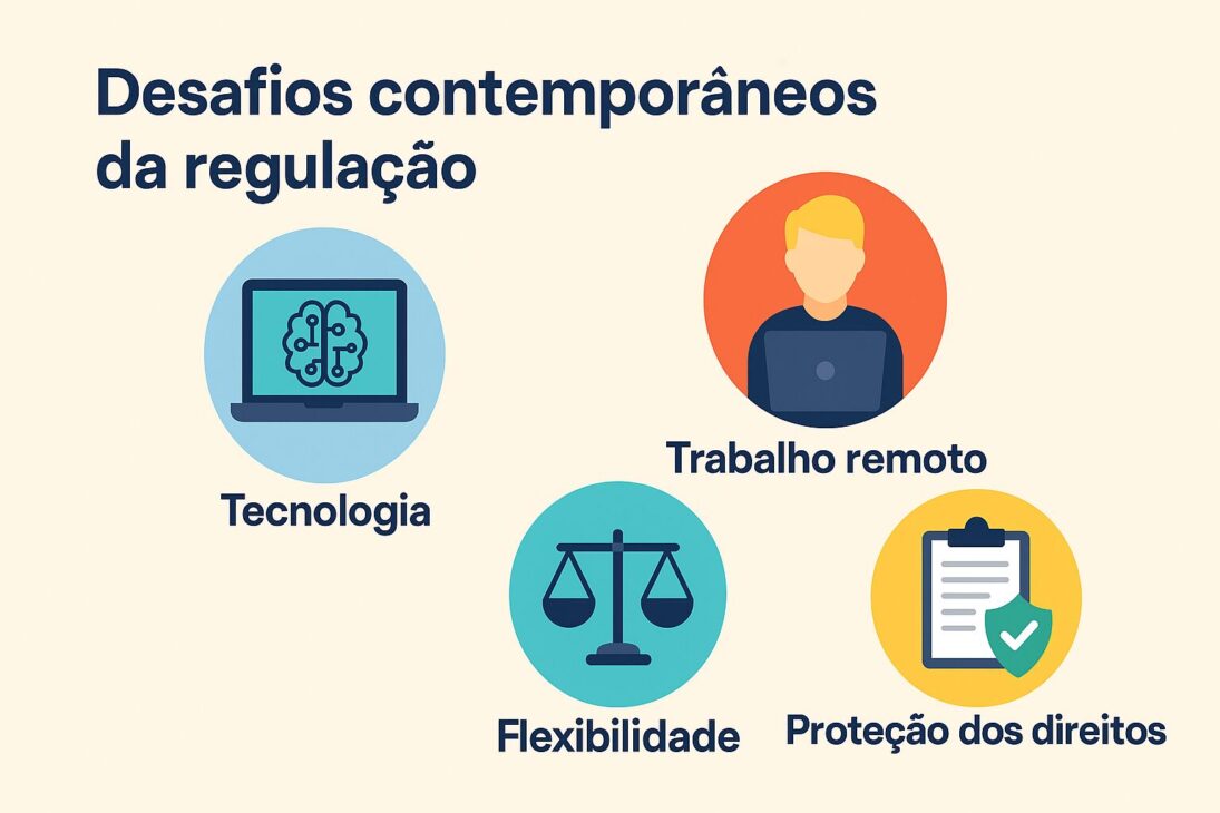 Infográfico colorido em estilo flat sobre os desafios contemporâneos da regulação do mercado de trabalho, destacando temas como tecnologia, trabalho remoto, gig economy e informalidade.