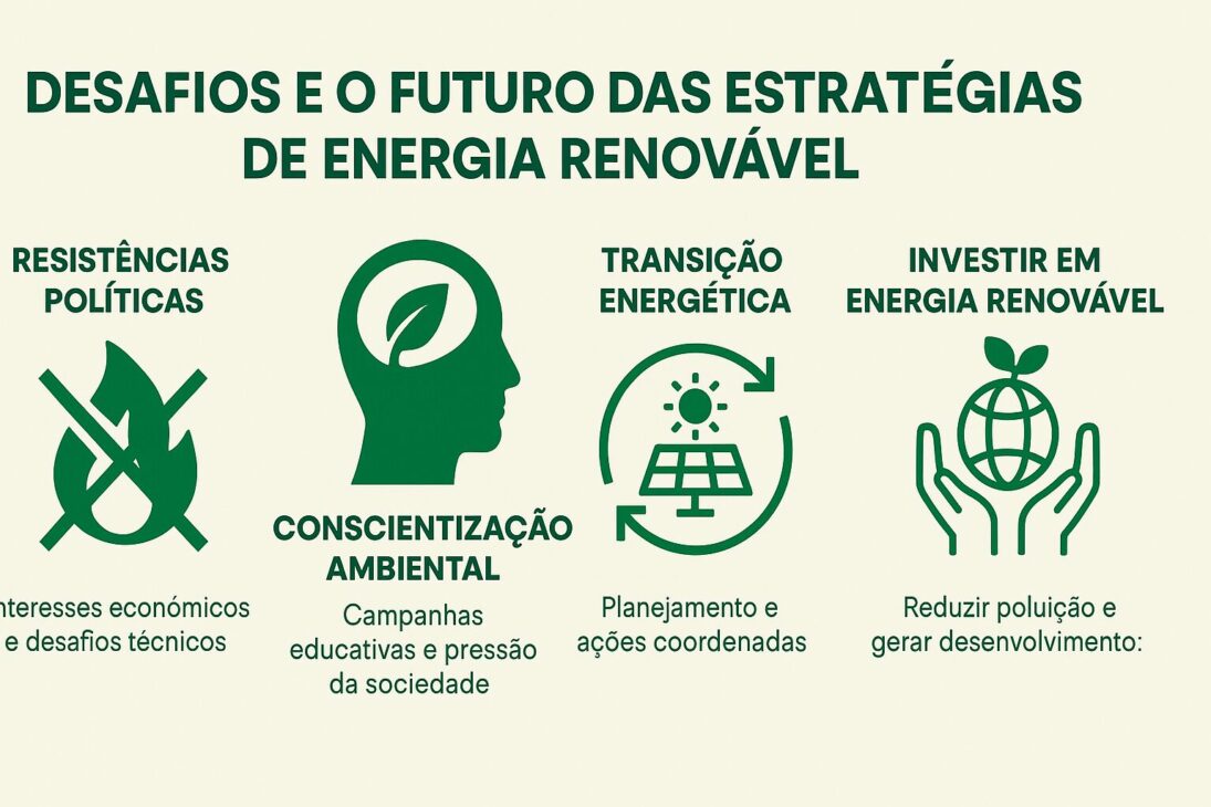 Infográfico horizontal que apresenta os principais desafios e perspectivas futuras das estratégias de energia renovável, com ícones representando resistência política, conscientização ambiental, transição energética e investimentos sustentáveis.