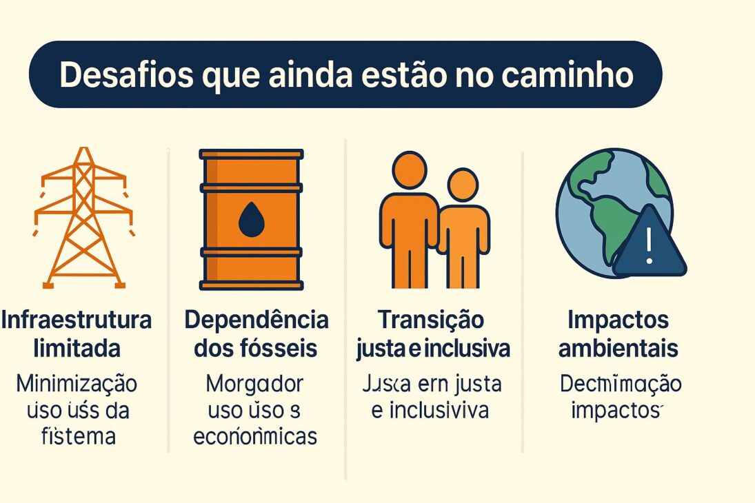 Infográfico com quatro desafios da energia renovável: infraestrutura limitada, dependência dos combustíveis fósseis, transição justa e impactos ambientais.
