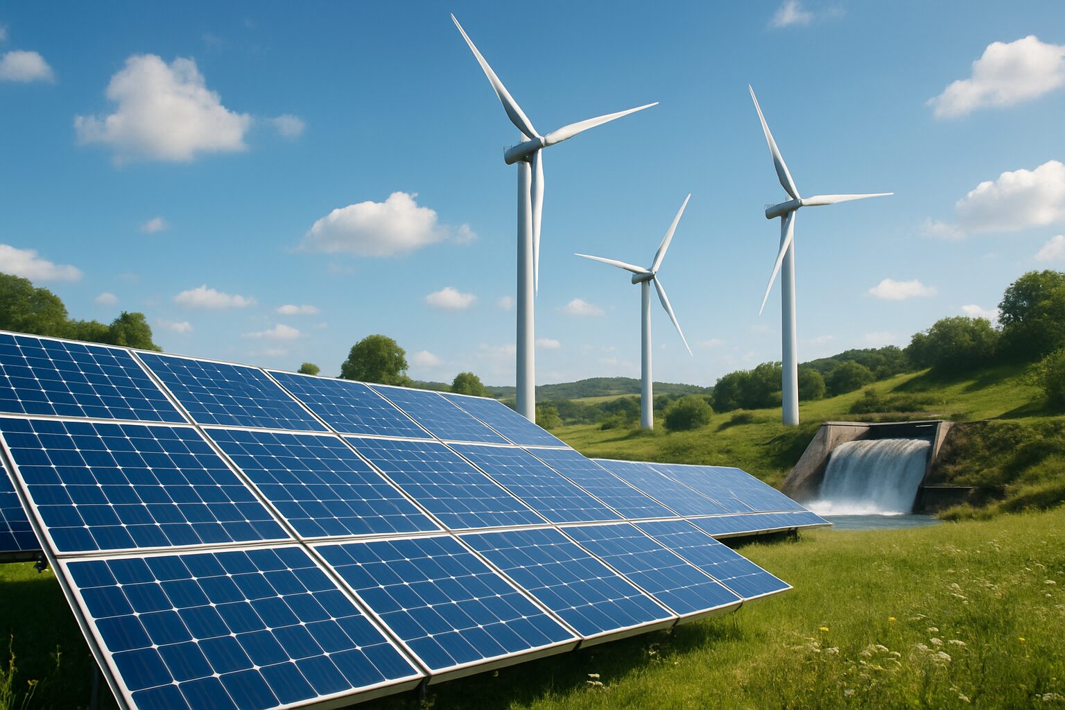 Painel solar em campo verde com turbinas eólicas e usina hidrelétrica ao fundo sob céu azul.