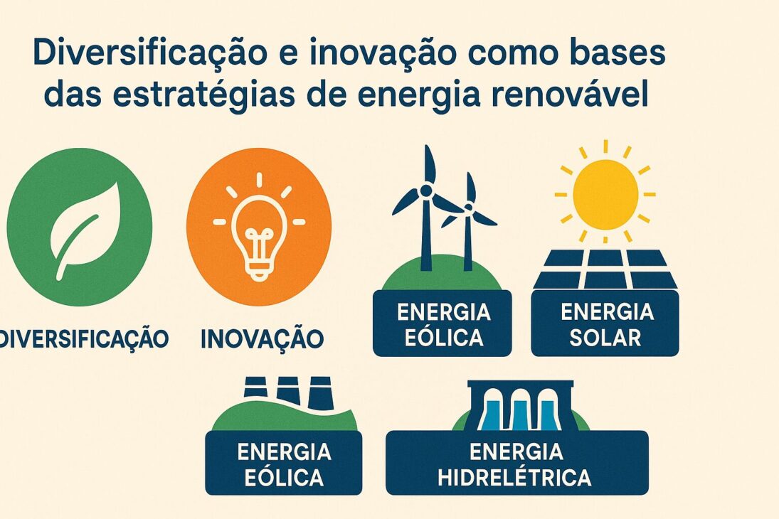Infográfico ilustrando a diversificação e inovação como pilares das estratégias de energia renovável, com ícones representando fontes como solar, eólica e hidrelétrica.