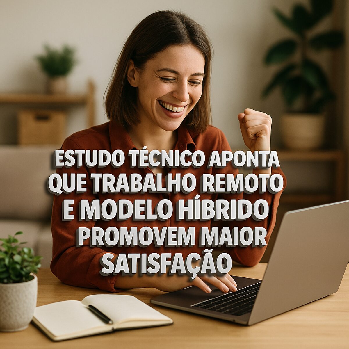 Mulher sorridente trabalhando remotamente em casa com notebook, representando estudo técnico sobre trabalho remoto e modelo híbrido
