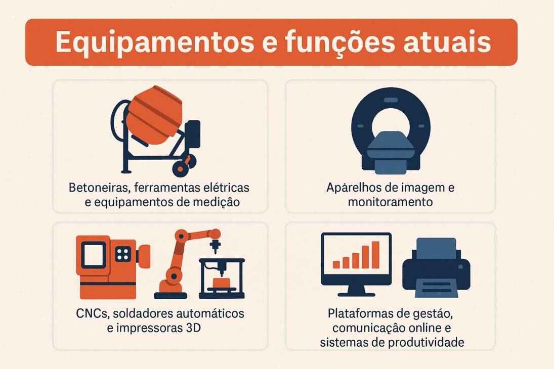 Infográfico em estilo flat design com equipamentos modernos e suas funções no mercado de trabalho atual.