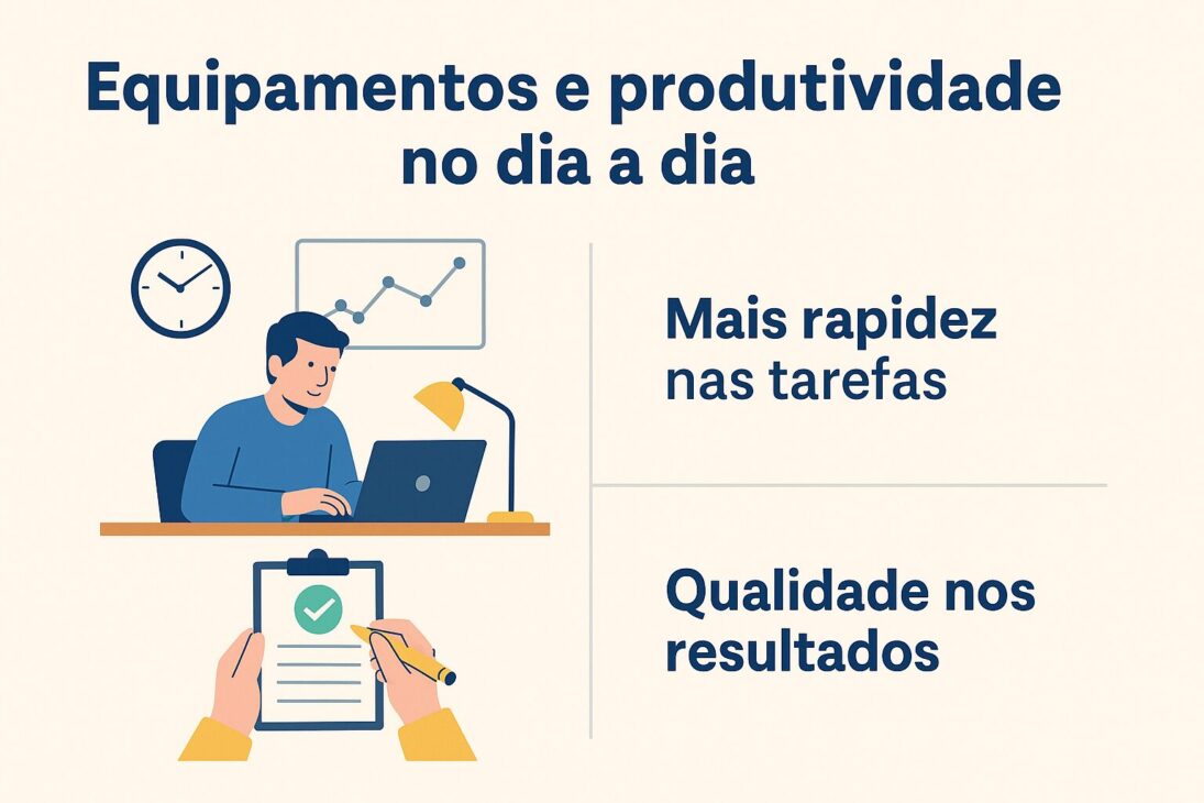 Infográfico em estilo flat design mostrando como o uso de equipamentos impacta na produtividade diária, destacando rapidez nas tarefas e qualidade nos resultados.