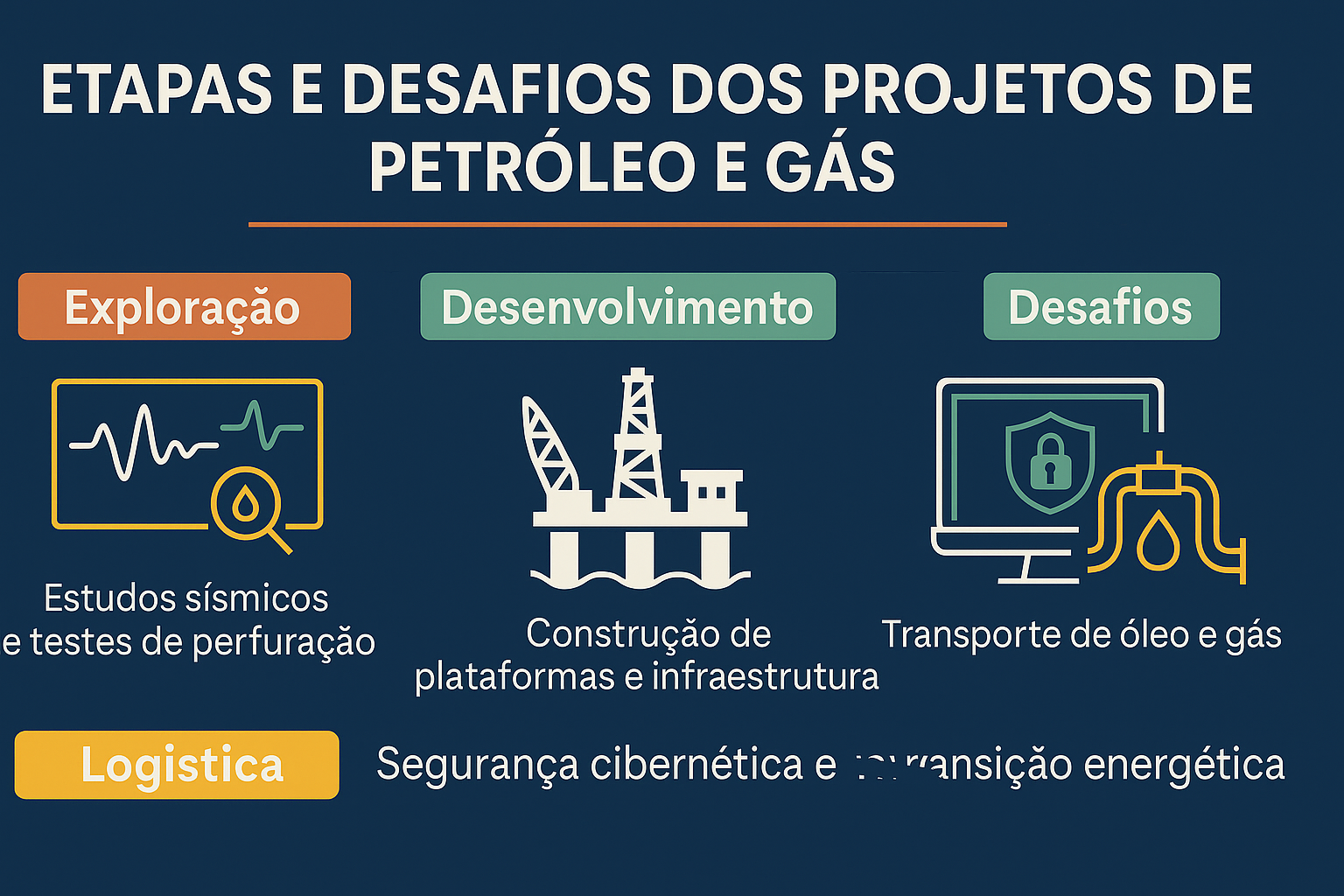 Infográfico sobre as etapas e desafios dos projetos de petróleo e gás, destacando exploração, desenvolvimento, desafios e logística.