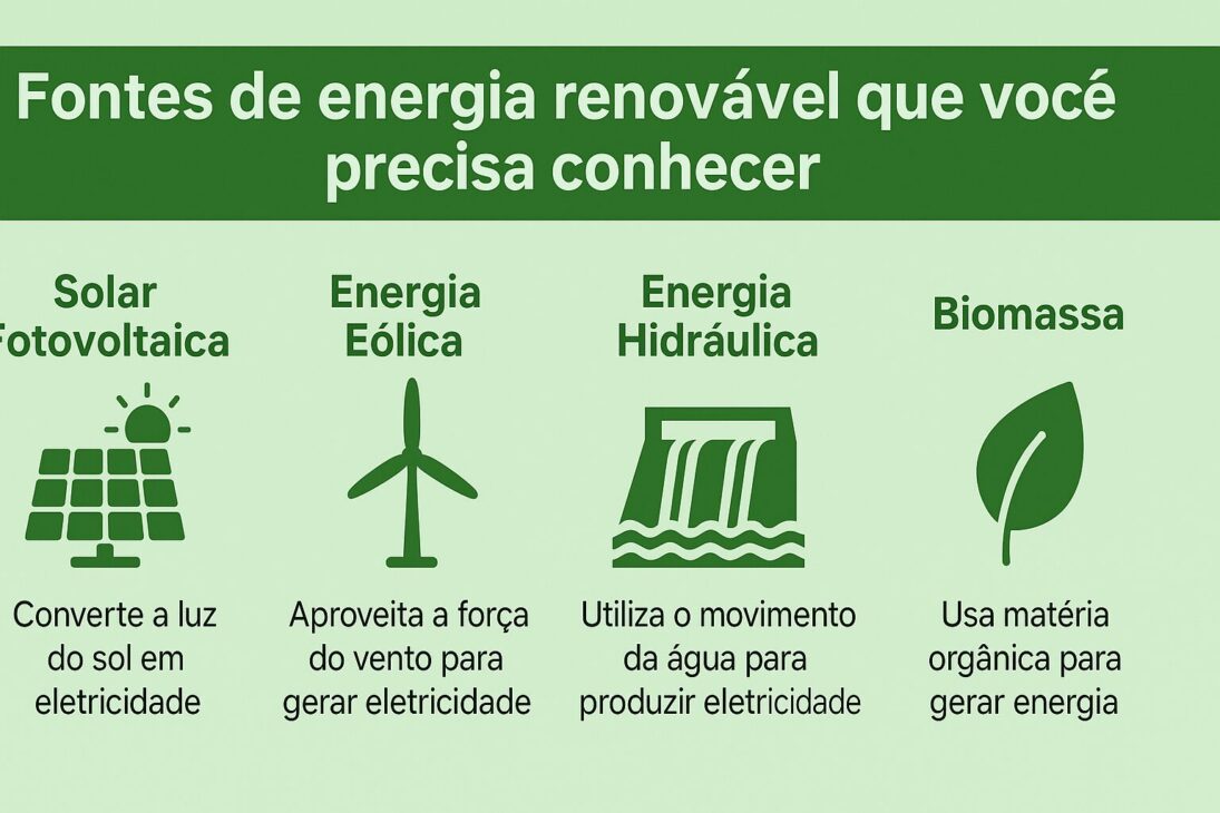 Infográfico ilustrando quatro fontes de energia renovável: solar fotovoltaica, energia eólica, energia hidráulica e biomassa, com ícones e descrições resumidas de cada tipo.