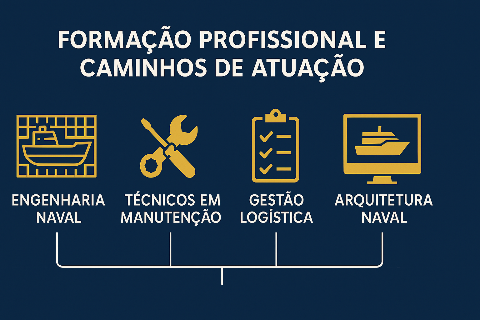 Infográfico sobre formação profissional e caminhos de atuação na indústria naval, com ícones representando engenharia naval, técnicos em manutenção, gestão logística e arquitetura naval.