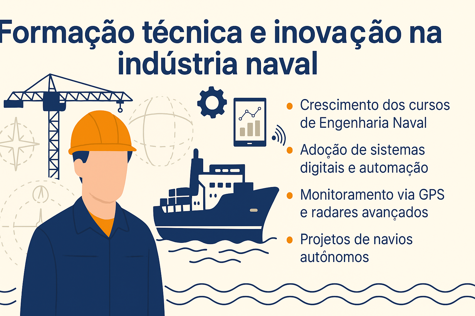 Infográfico ilustrando a formação técnica e inovação na indústria naval, com ícones de navio, engenheiro, grua e elementos tecnológicos como tablet e GPS.