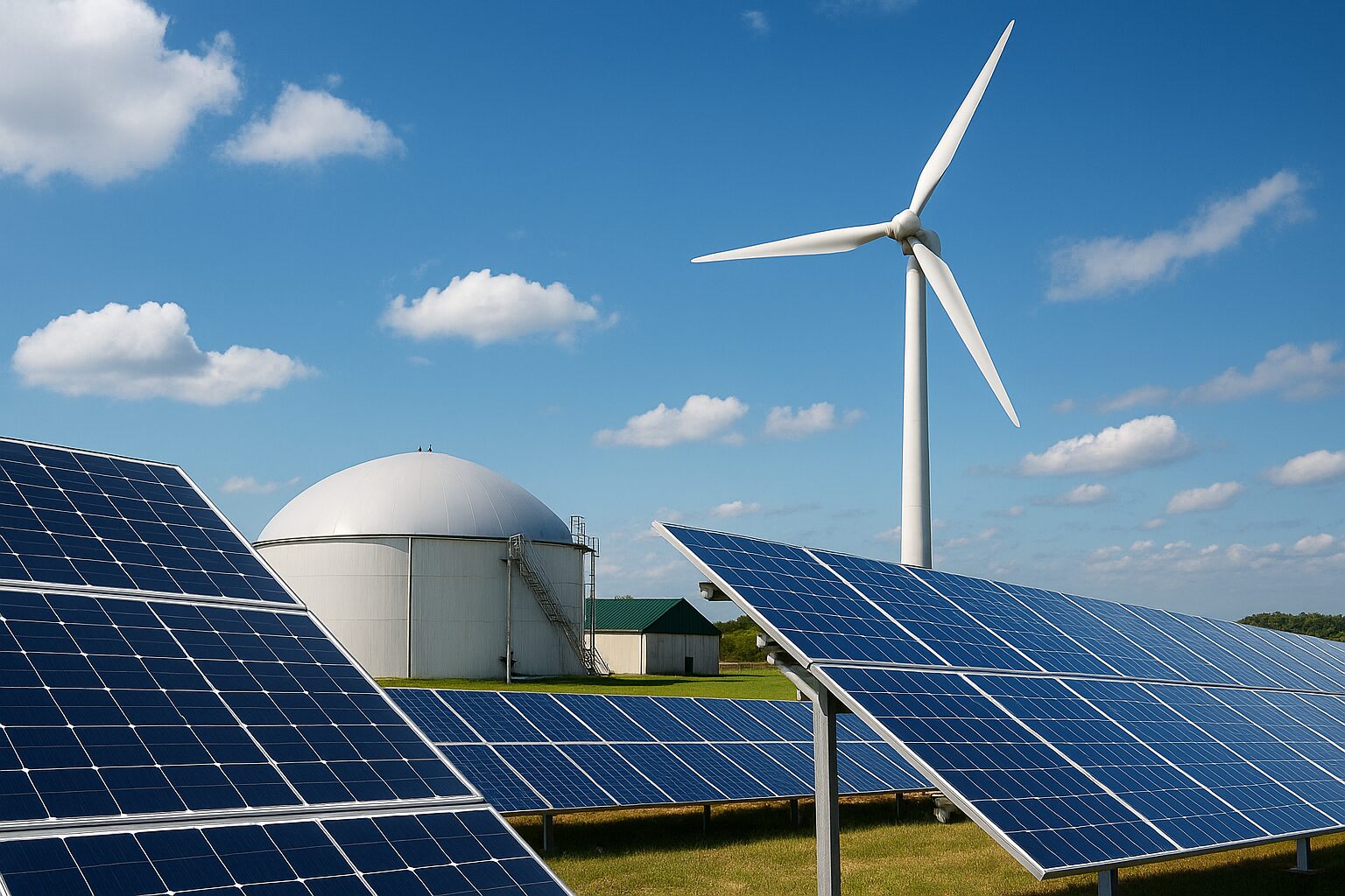Painéis solares, turbina eólica e usina de biogás representando equipamentos de energia renovável em funcionamento.