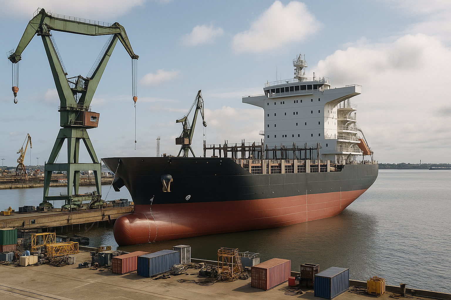 Navio cargueiro em construção em estaleiro com guindastes e contêineres ao redor, ilustrando o mercado da indústria naval.