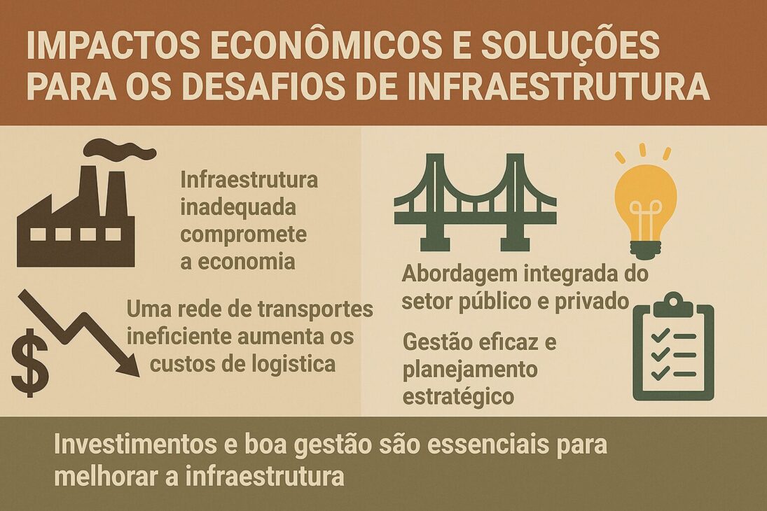Infográfico ilustrando os impactos econômicos da infraestrutura inadequada e soluções como planejamento estratégico e colaboração público-privada.