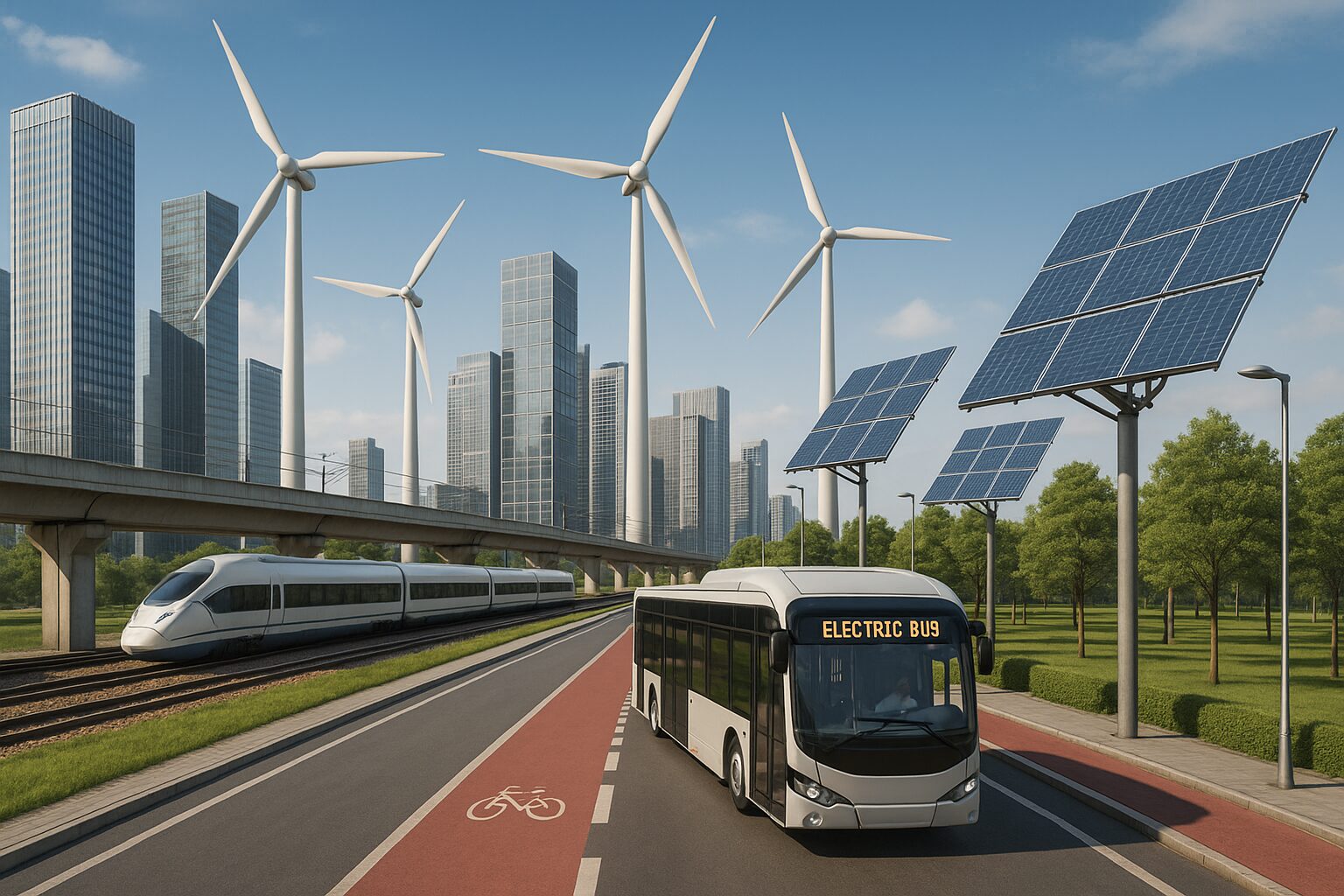 Cidade moderna com infraestrutura sustentável, incluindo ônibus elétrico, trem de alta velocidade, turbinas eólicas e painéis solares.