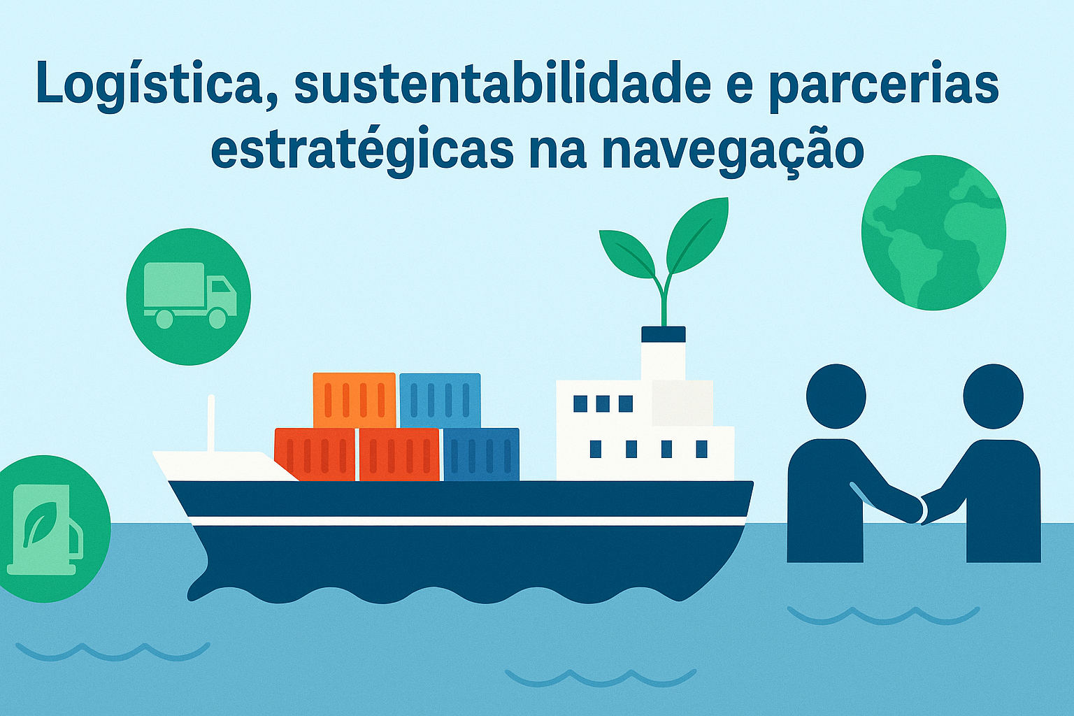Infográfico sobre logística, sustentabilidade e parcerias na navegação, com um navio ao centro, ícones de combustível verde, caminhão, globo e aperto de mãos.