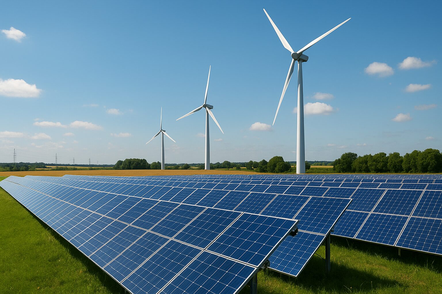 Painel solar e turbinas eólicas em campo aberto sob céu azul, representando o mercado de energia renovável.