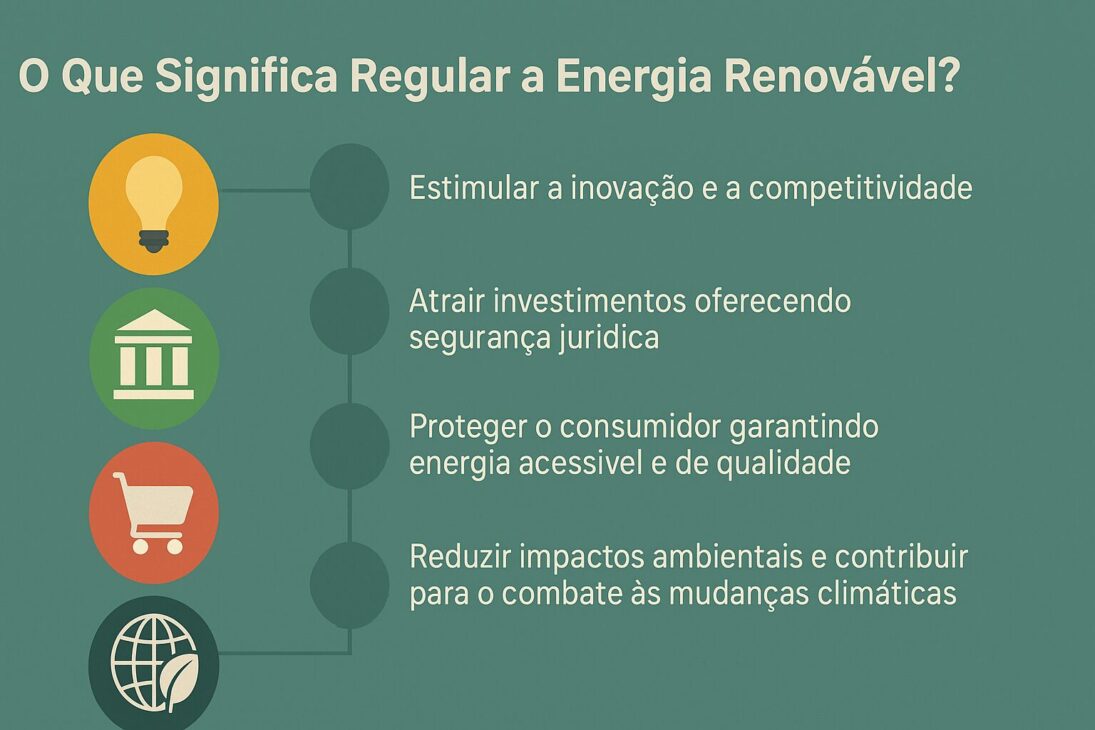 Infográfico destacando os objetivos da regulação da energia renovável com ícones e frases explicativas.