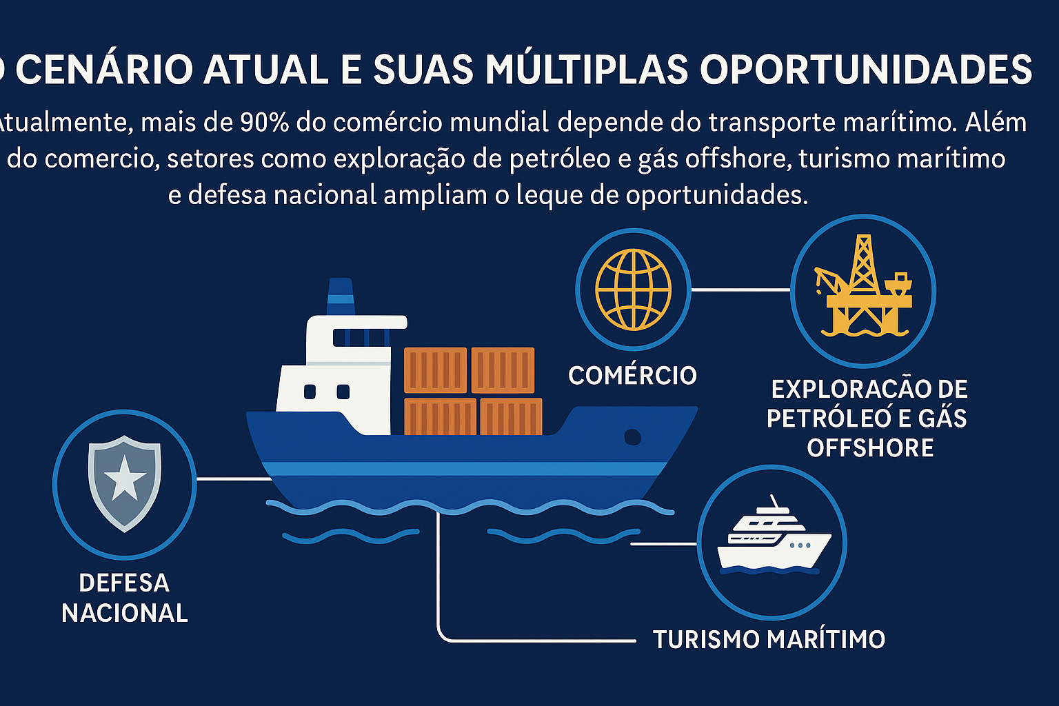 Infográfico sobre o cenário atual e oportunidades da indústria naval, com ilustrações de navio cargueiro, comércio, petróleo offshore, turismo marítimo e defesa nacional.