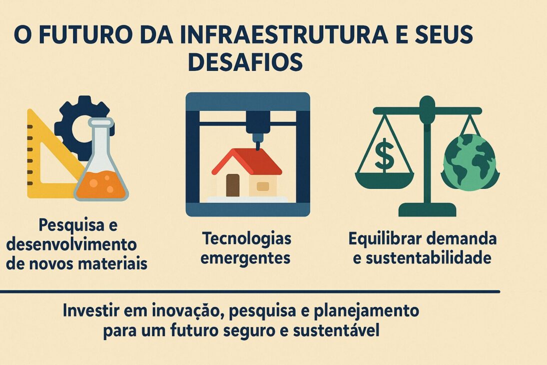 Ilustração sobre os desafios futuros da infraestrutura, destacando pesquisa e desenvolvimento de novos materiais, tecnologias emergentes e o equilíbrio entre demanda e sustentabilidade.
