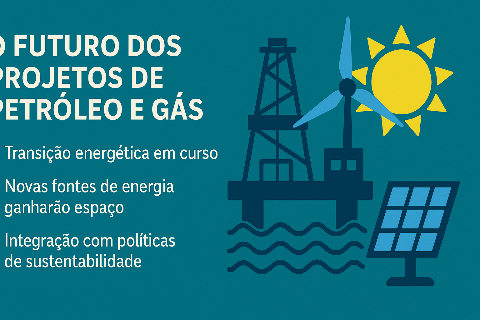 Infográfico com o título "O Futuro dos Projetos de Petróleo e Gás", exibindo três tópicos à esquerda sobre transição energética e energias renováveis, com ilustrações de uma plataforma offshore, turbina eólica, painel solar e sol à direita.