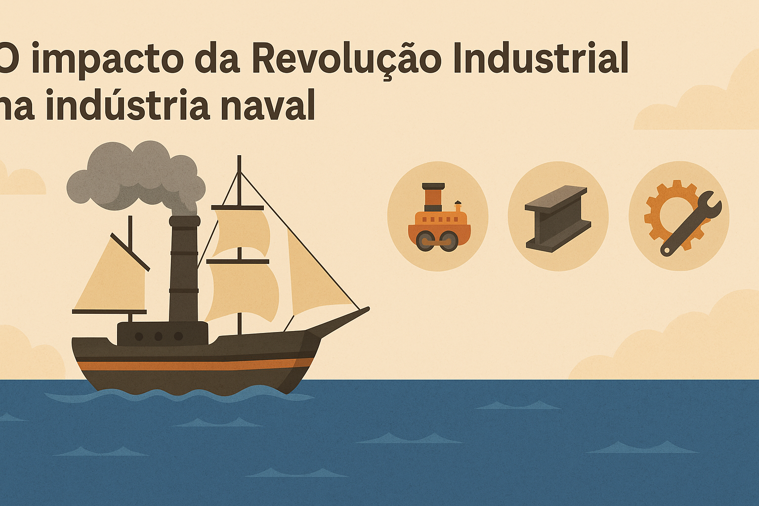 Infográfico com navio a vapor navegando no mar e ícones representando motor a vapor, estrutura metálica e engrenagem com chave inglesa, simbolizando inovações da Revolução Industrial.