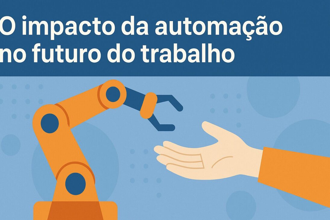 Ilustração de um braço robótico se estendendo para uma mão humana, simbolizando a interação entre tecnologia e trabalho humano.