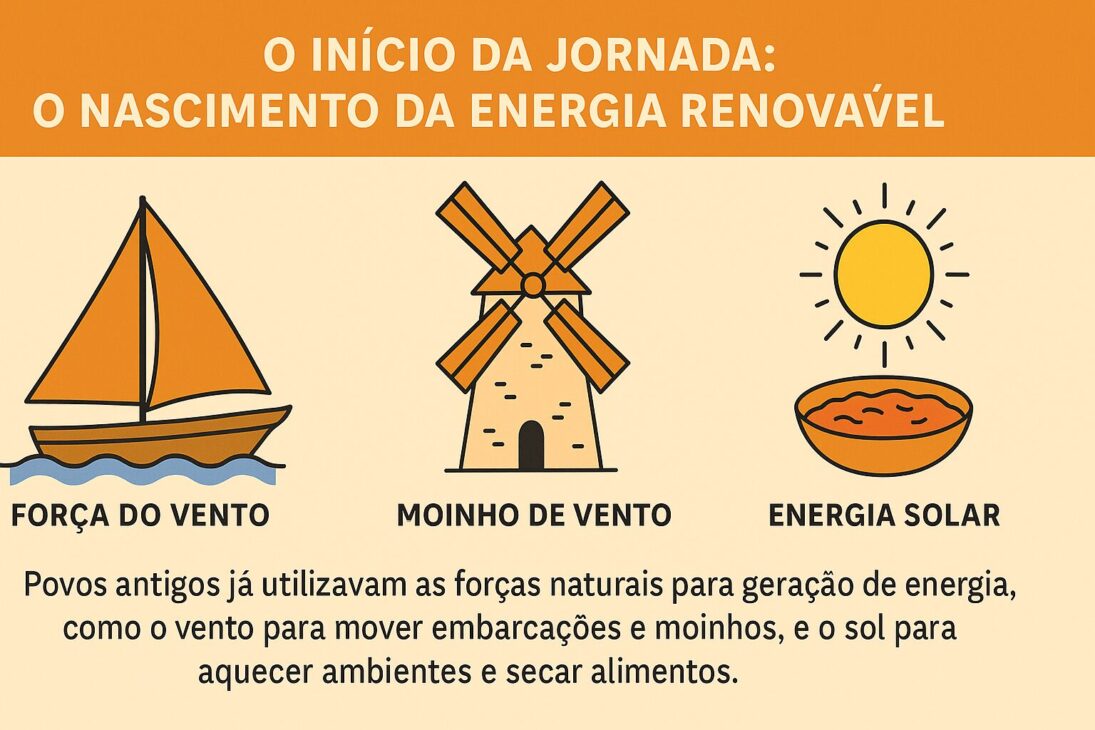 Infográfico ilustrado mostrando o nascimento da energia renovável, com representações de um barco à vela, moinho de vento e sol, simbolizando o uso histórico das forças naturais para gerar energia.