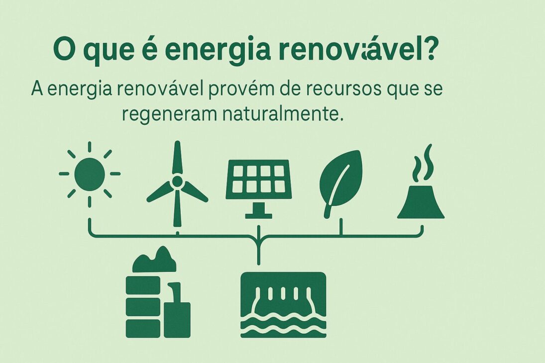Infográfico ilustrando cinco principais fontes de energia renovável: solar, eólica, hidrelétrica, biomassa e geotérmica, com ícones representativos conectados a uma linha comum.
