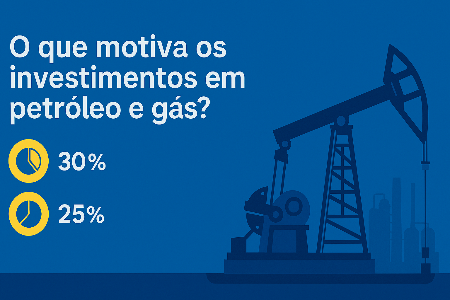 Infográfico  com a pergunta "O que motiva os investimentos em petróleo e gás?", mostrando dois ícones de gráficos circulares com os valores de 30% e 25%, ao lado de uma ilustração de bomba de extração de petróleo.