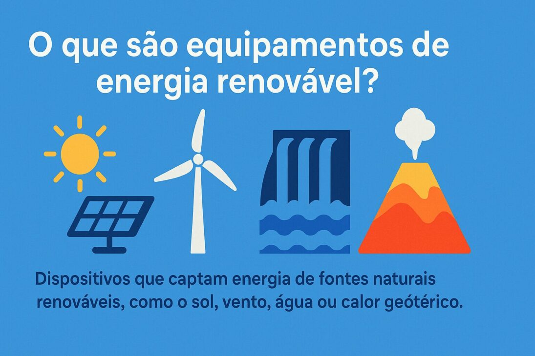 Infográfico em estilo flat exibindo ícones representando energia solar, eólica, hidrelétrica e geotérmica, com fundo azul em degradê e texto explicativo em português.