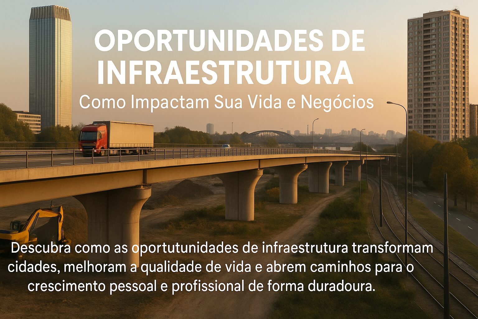 Caminhão atravessa ponte elevada em área urbana ao entardecer, com arranha-céus ao fundo, ilustrando o impacto da infraestrutura na vida e nos negócios.