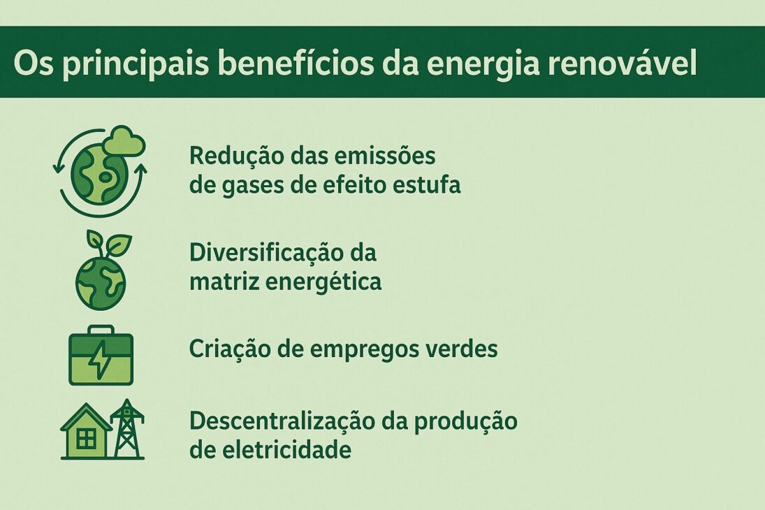 Infográfico destacando os principais benefícios da energia renovável com ícones representando redução de emissões, diversificação energética, geração de empregos e descentralização da produção.