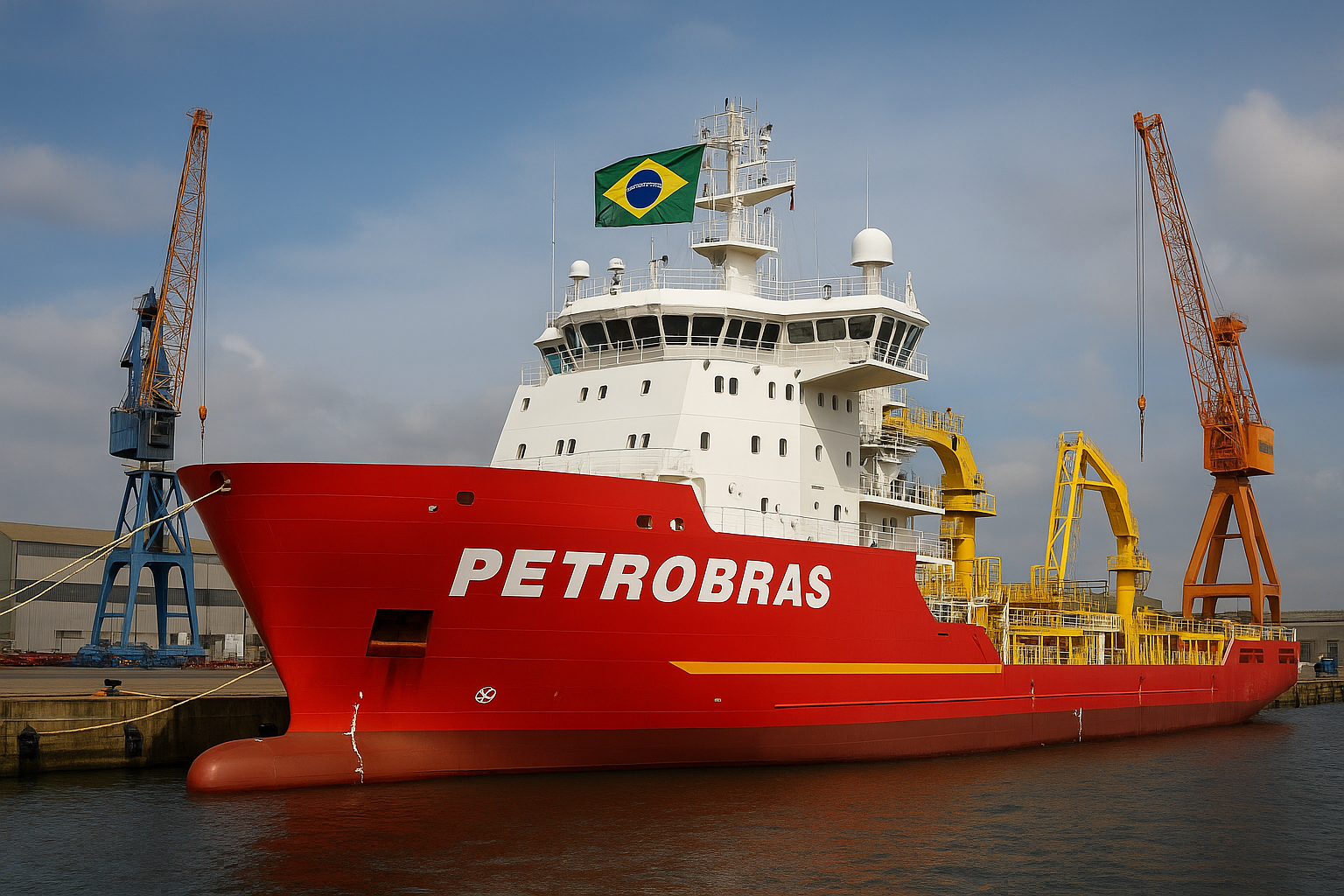 Navio da Petrobras atracado em estaleiro com bandeira do Brasil e guindastes ao fundo