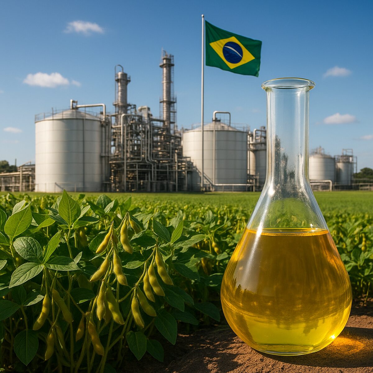 Instalação de biodiesel no Brasil com campo de soja e frasco de biocombustível em destaque