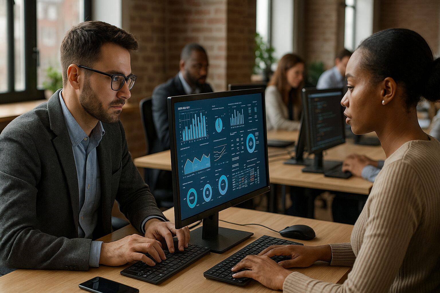 Profissionais trabalhando em um escritório moderno com foco em tecnologia no mercado de trabalho.