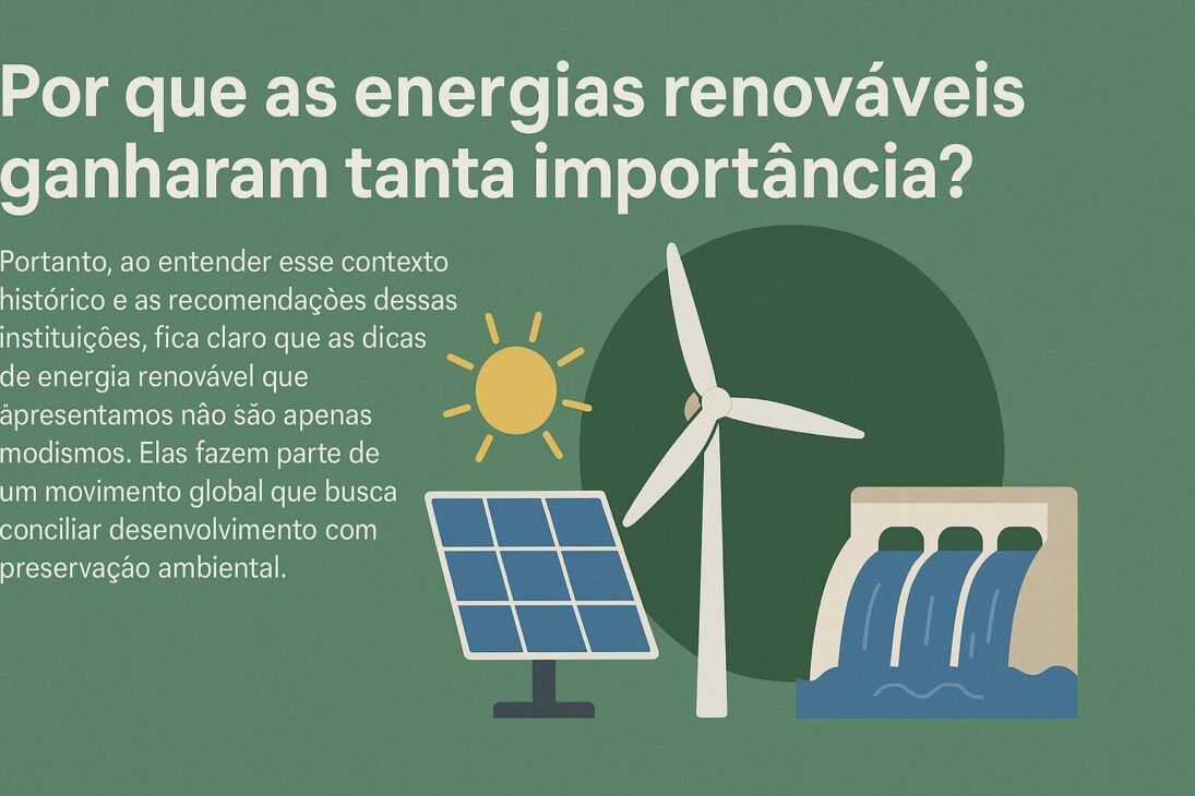 Infográfico em estilo flat design explicando a importância das energias renováveis, com ícones representando energia solar, eólica e hidrelétrica sobre fundo verde texturizado.