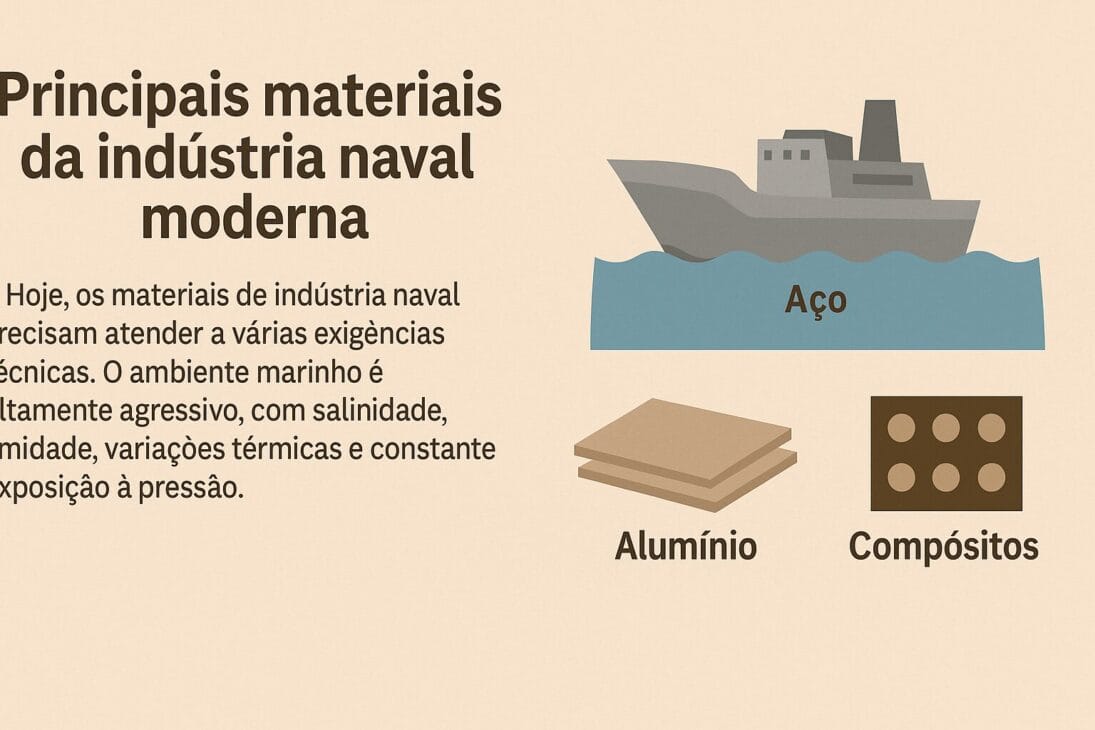 Infográfico sobre os principais materiais da indústria naval moderna, destacando aço, alumínio e compósitos, com ilustrações e texto explicativo em português.