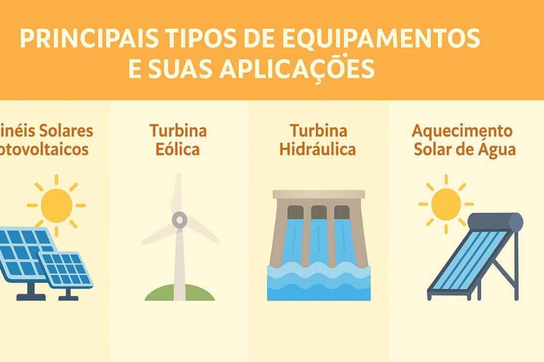 Infográfico em estilo flat com quatro seções representando painéis solares, turbinas eólicas, usinas hidrelétricas e aquecedores solares, com ícones coloridos e textos explicativos em português.