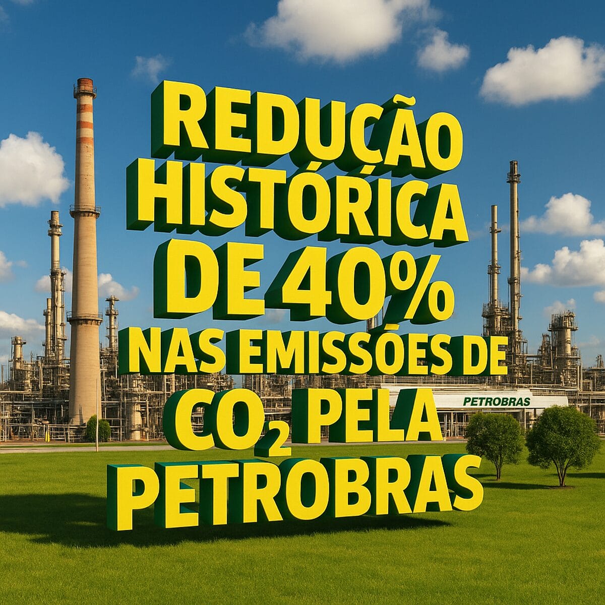 Redução histórica de 40% nas emissões de CO₂ pela Petrobras com refinaria ao fundo e letras 3D em destaque