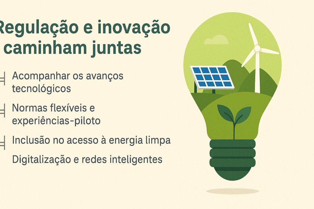 Infográfico em estilo flat destacando a relação entre regulação e inovação em energia renovável, com ícones de painéis solares, turbina eólica e uma lâmpada verde simbolizando sustentabilidade.