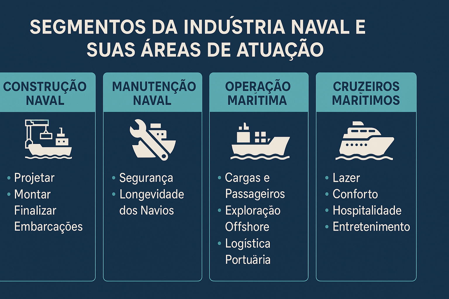 Infográfico sobre os segmentos da indústria naval e suas áreas de atuação, divididos em construção naval, manutenção naval, operação marítima e cruzeiros marítimos.