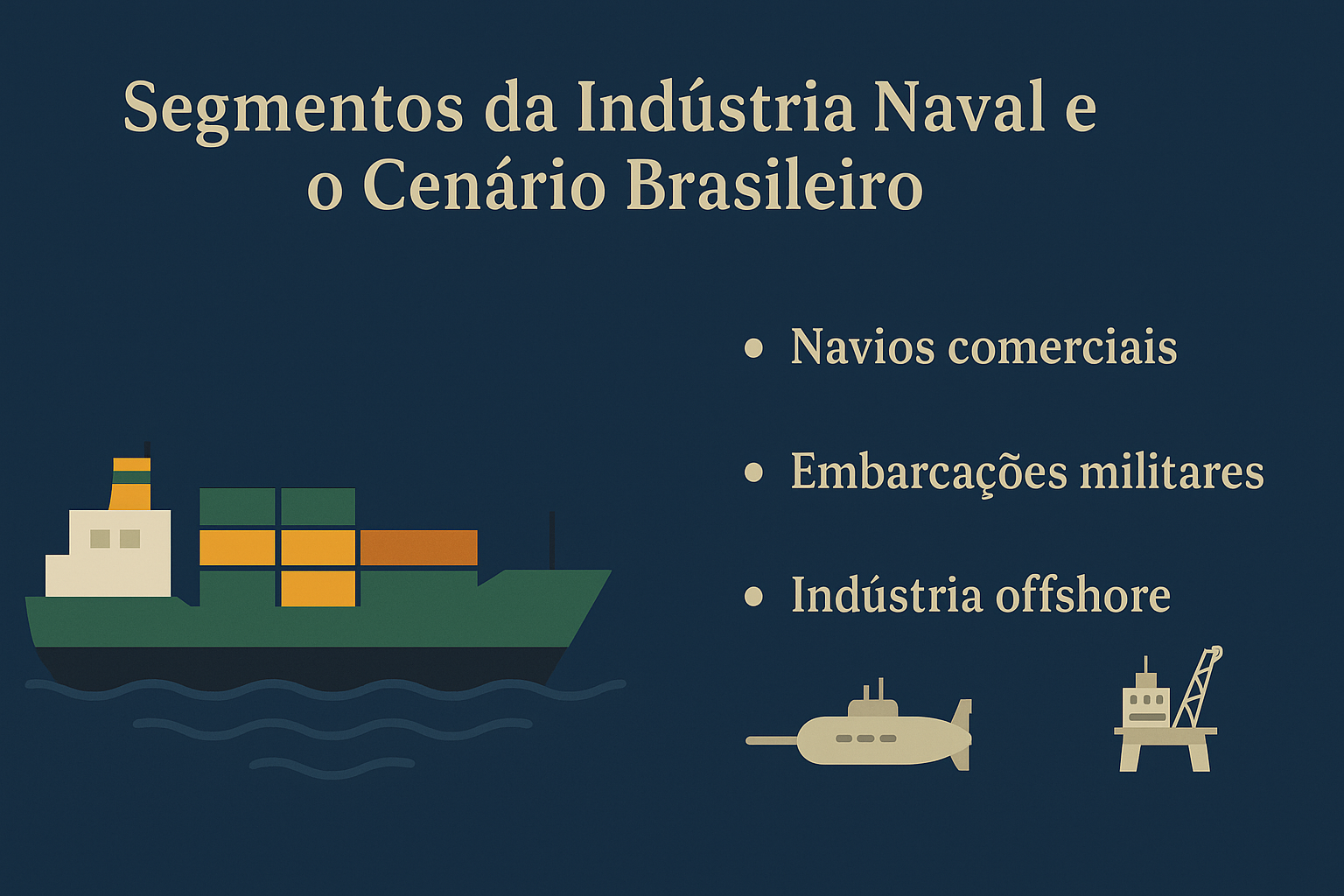 Infográfico mostrando os segmentos da indústria naval brasileira, com ilustração de um navio cargueiro estilizado nas cores verde e amarela e três tópicos: navios comerciais, embarcações militares e indústria offshore, acompanhados de ícones representativos.