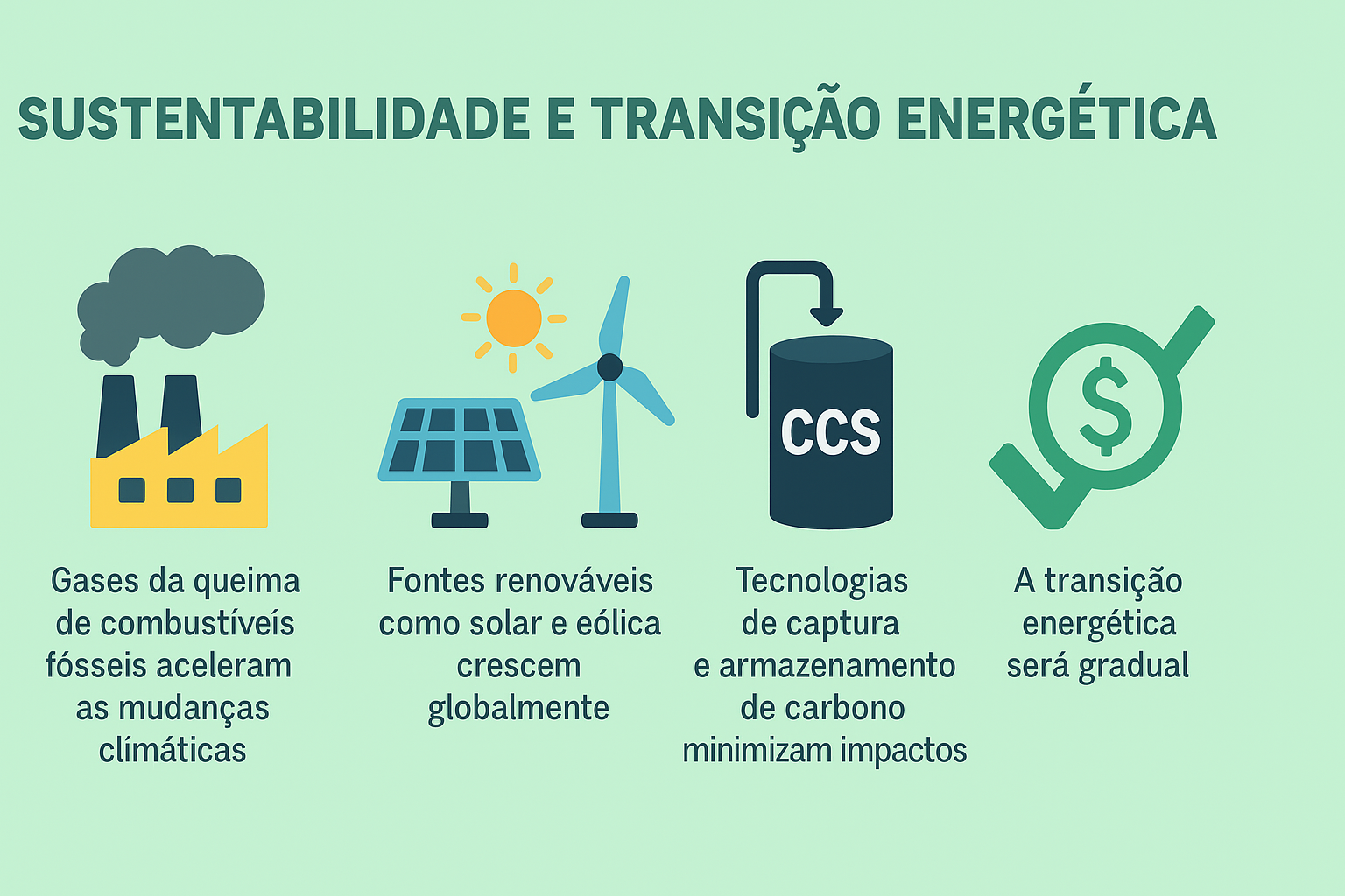 Infográfico sobre sustentabilidade e transição energética, com ícones representando emissões de combustíveis fósseis, energias renováveis, captura de carbono e o processo gradual da transição energética.