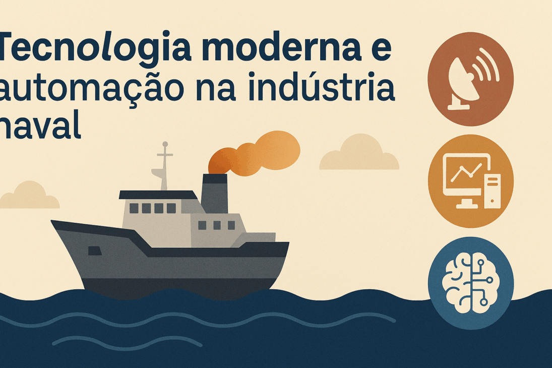 Ilustração de navio com ícones representando tecnologia moderna e automação na indústria naval