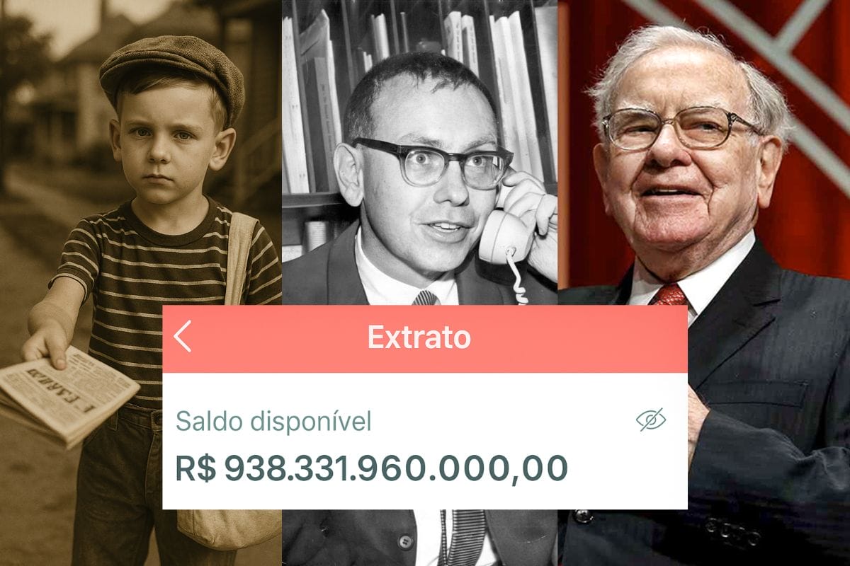Colagem mostrando um garoto vendedor de jornais em 1945, um jovem Warren Buffett atendendo um telefone e o próprio Buffett em foto recente, com sobreposição de um extrato bancário exibindo “R$ 938.331.960.000,00” de saldo disponível.