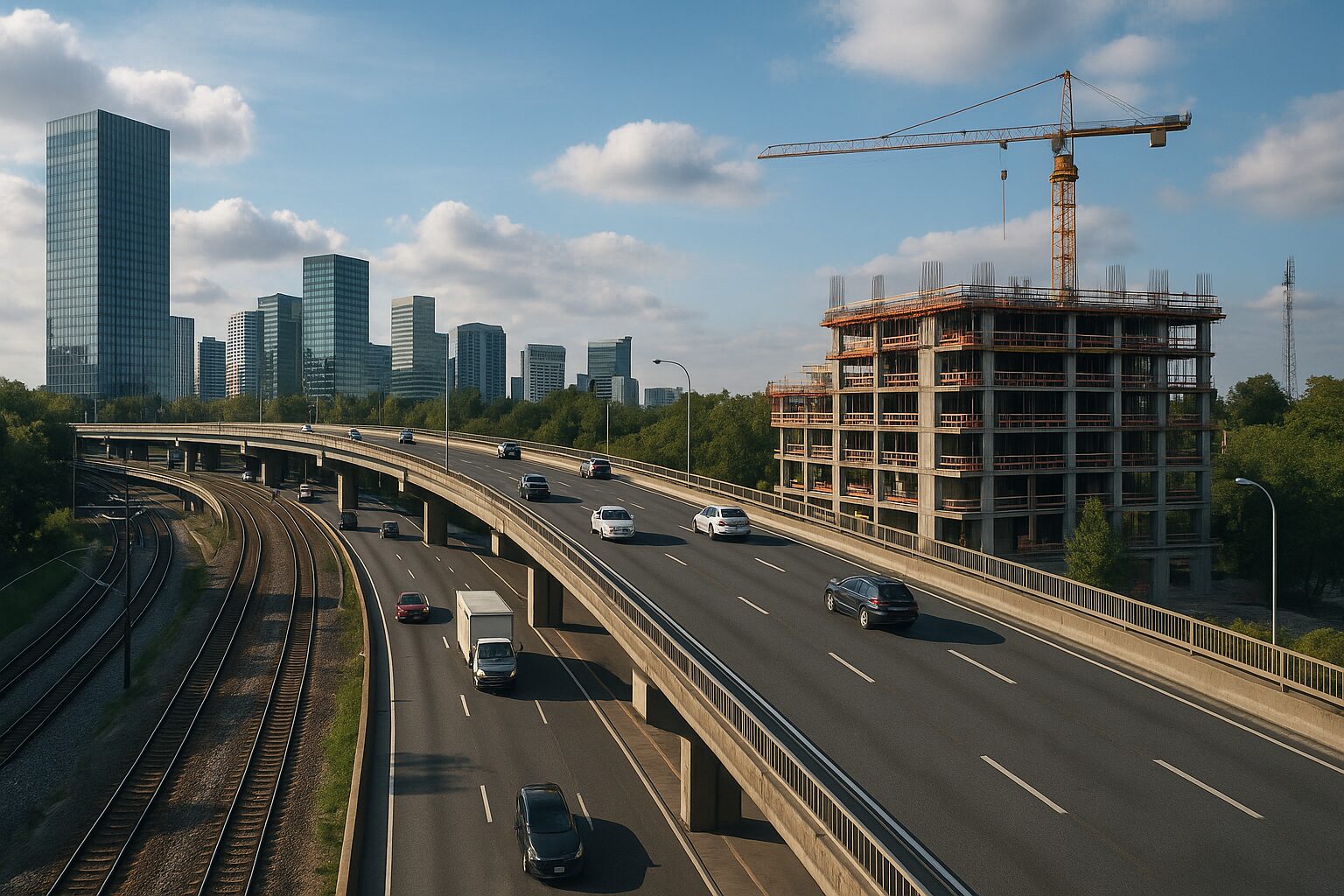 Vista aérea realista de uma cidade com rodovia, trilhos de trem, edifícios modernos e um canteiro de obras com guindaste.