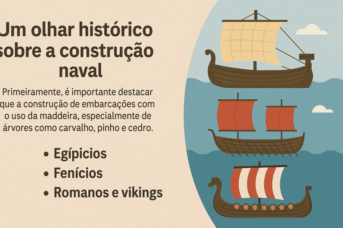 Infográfico sobre a evolução histórica da construção naval, com destaque para embarcações egípcias, fenícias e vikings, acompanhado de texto explicativo centralizado.