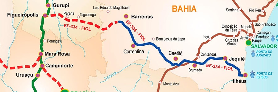Ferrovia de Integração Oeste-Leste, trecho em construção e que futuramente deve se conectar à ferrovia ‘chinesa’, vai de Ilhéus, na Bahia, a Figueirópolis, no Tocantis (Imagem: Infra S.A./Reprodução)
