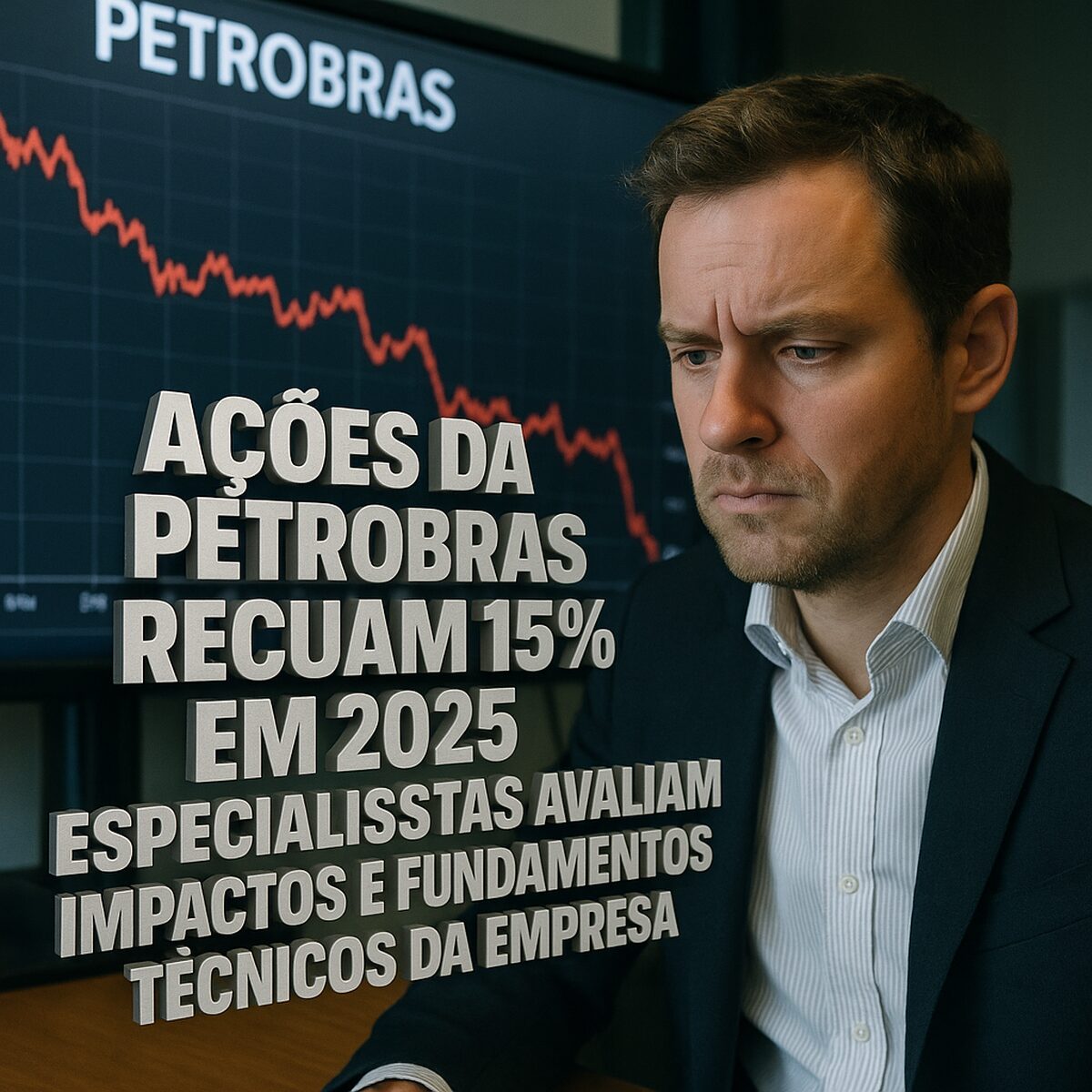 Homem analisa gráfico de queda das ações da Petrobras com destaque para recuo de 15% em 2025 e avaliação técnica de especialistas