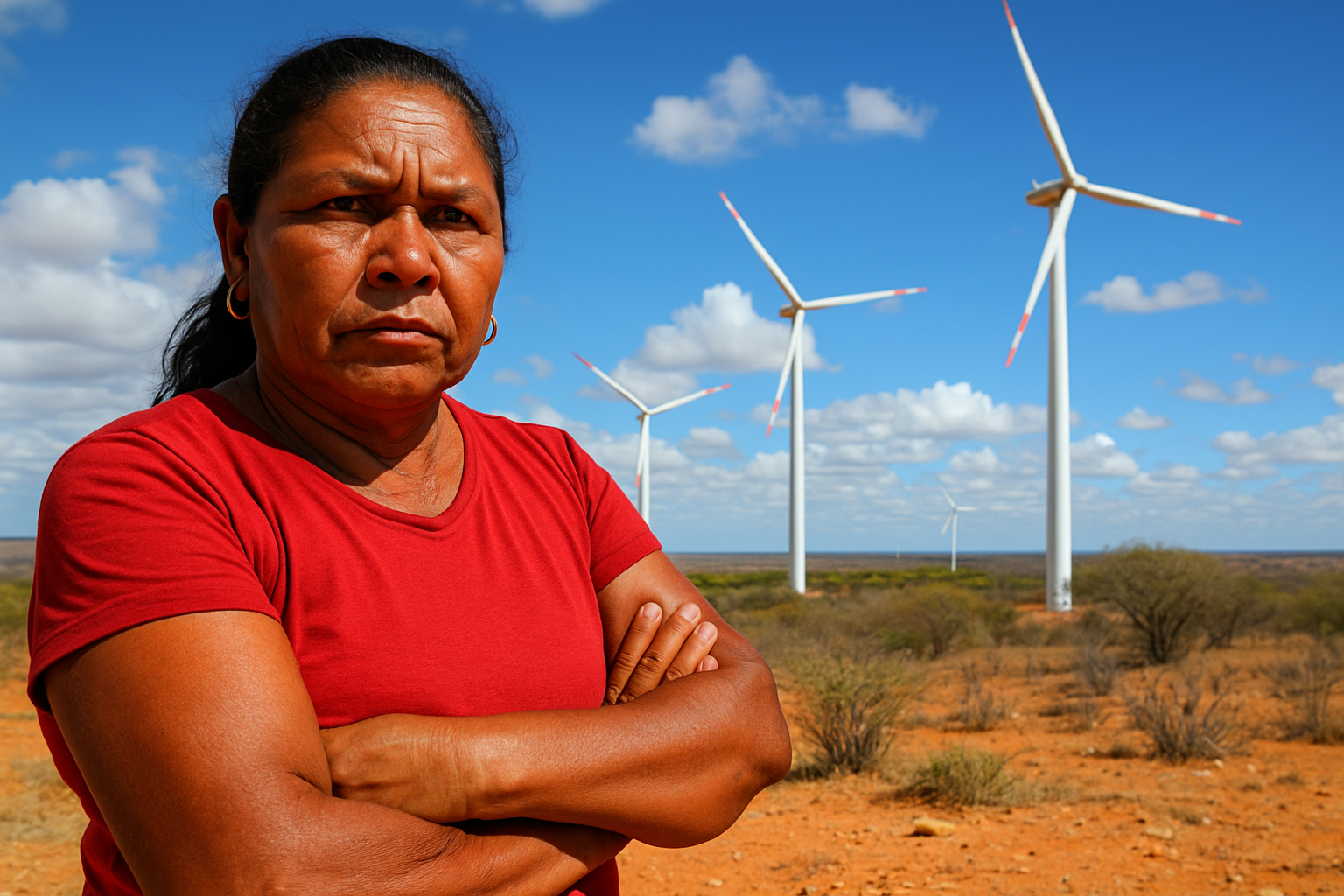 Mulher quilombola com expressão firme em frente a torres eólicas no sertão baiano