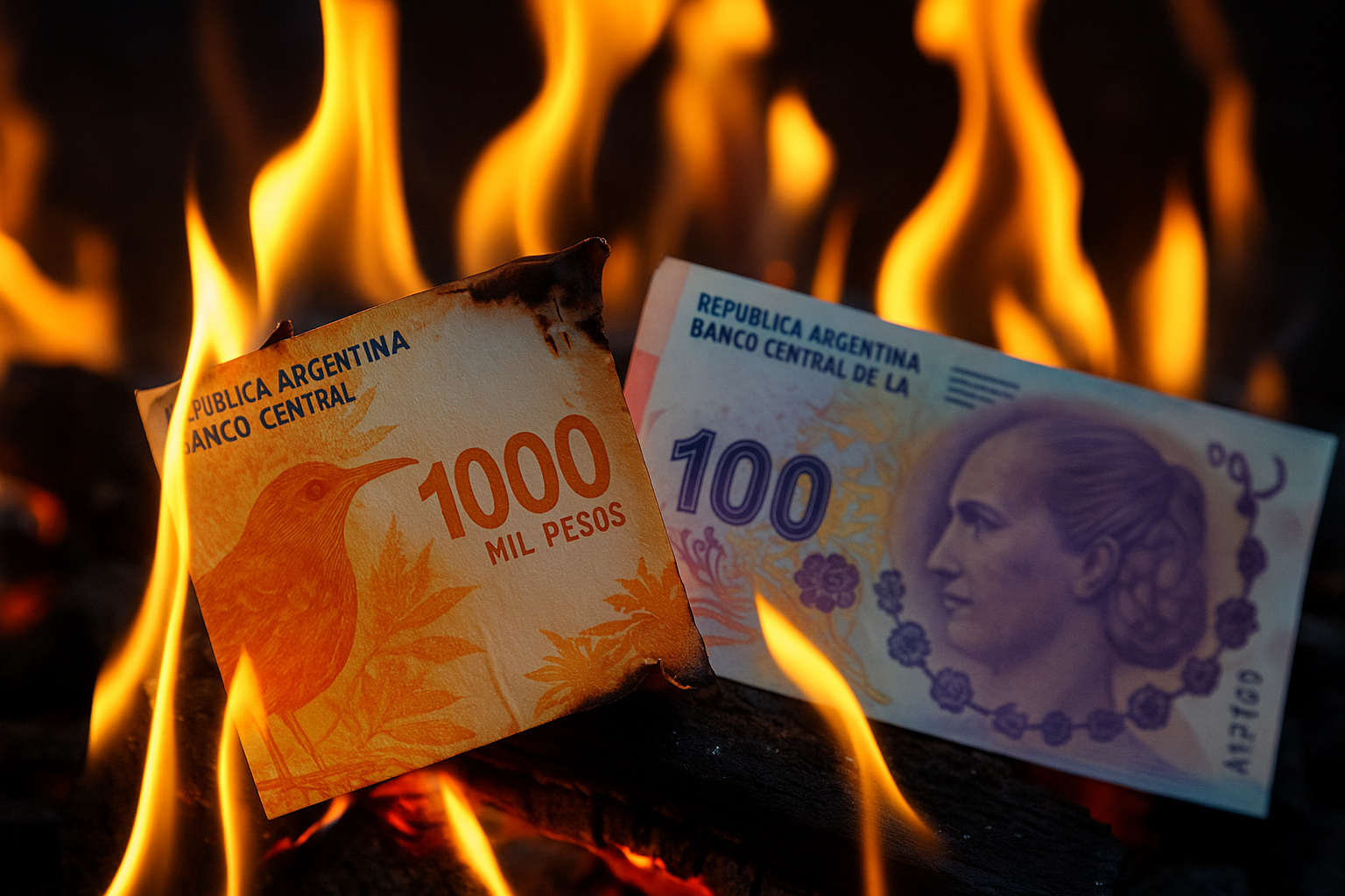 Cédulas argentinas de 1.000 e 100 pesos sendo queimadas em chamas vivas